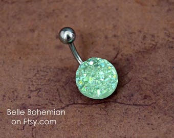 Soft Green Belly Button Ring Green Belly Button Ring Druzy Belly Ring Short Medium Long Druze Belly Button Ring 14G
