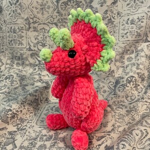 Pink and Green Triceratops dinosaur crocheted Amigurumi stuffed animal plushy doll