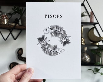 Pisces Astrology 5x7 Print, Zodiac Sign Art, Celestial Wall Hanging, Horoscope Home Decor, Star Sign Gift, Water Sign Art, Astrology Tattoo