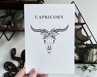 Capricorn Astrology 5x7 Print, Zodiac Sign Art, Celestial Wall Hanging, Horoscope Home Decor, Star Sign Gift, Earth Sign Tattoo Art