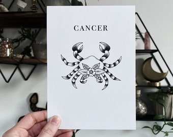 Cancer Astrology 5x7 Print, Zodiac Sign Art, Celestial Wall Hanging, Horoscope Home Decor, Star Sign Gift, Water Sign Art, Astrology Tattoo