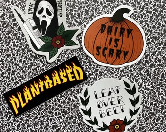 STICKER PACK: 4 Vegan Plant Based Stickers, Spooky Vegetarian Sticker, Halloween Sticker