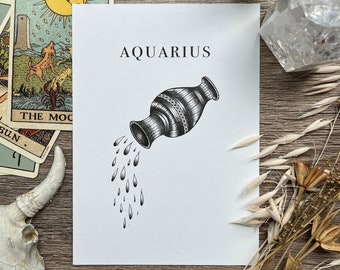 Aquarius Astrology 5x7 Print, Zodiac Sign Art, Celestial Wall Hanging, Horoscope Home Decor, Star Sign Gift, Air Sign Tattoo Art