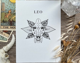 Leo Astrology 5x7 Print, Zodiac Sign Art, Celestial Wall Hanging, Horoscope Home Decor, Star Sign Gift, Fire Sign Art, Astrology Tattoo