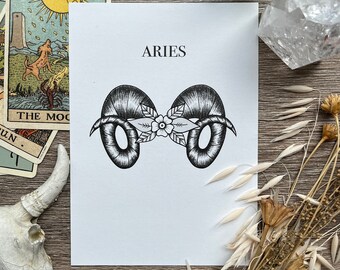 Aries Astrology 5x7 Print, Zodiac Sign Art, Celestial Wall Hanging, Horoscope Home Decor, Star Sign Gift, Fire Sign Art, Astrology Tattoo