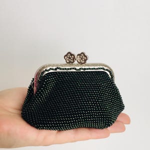 Crochet beaded coin wallet, glass bead coin purse. Gift for her dark green handmade pearl wallet. Women wallet.