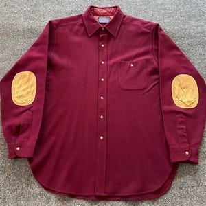 Vtg Pendleton Wool Trail Shirt L Maroon Burgundy Suede Elbow Patch Made In USA