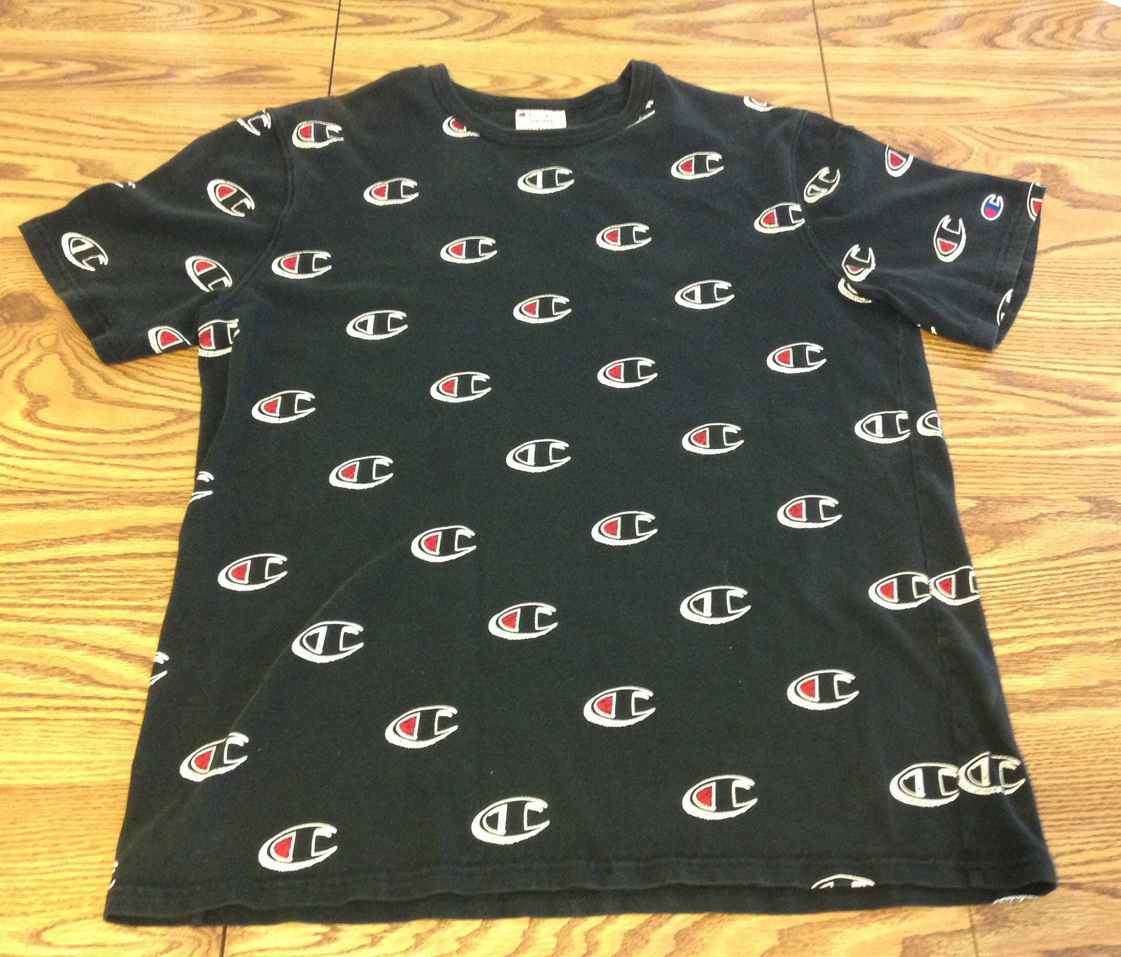 Champion Sportswear All Over Logo Print T Shirt Black XL Short