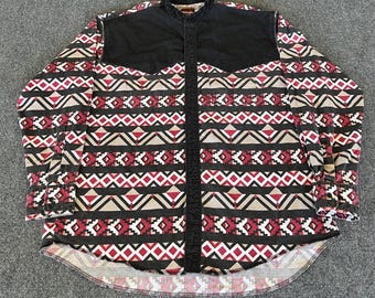 Wrangler VTG 90s Western Shirt Black Red Aztec Yoke Pocket Band Collar Cowboy