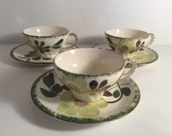Vintage Blue Ridge Southern Pottery Green Floral Pie Crust Edge Cup & Saucer Set (3)