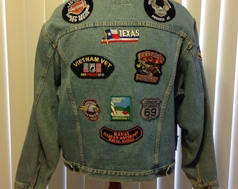 Benetton Vintage Denim Biker Jacket Blue Jean Stitched Patch Boho Hippie