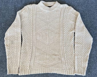 H.I.S. VTG Mens Sweater Beige Crewneck Chunky Fisherman Wool Blend Small