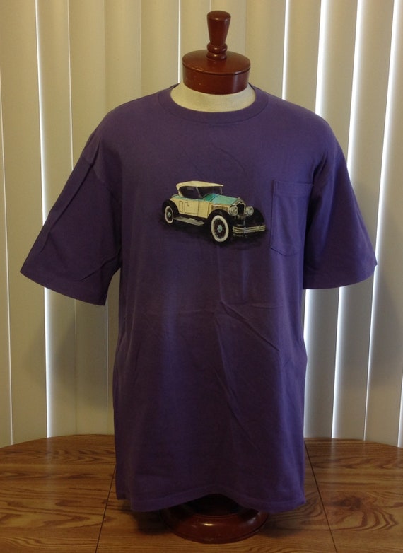 JC Penney Towncraft Vintage 90s Pocket T Shirt Purple Antique Car  