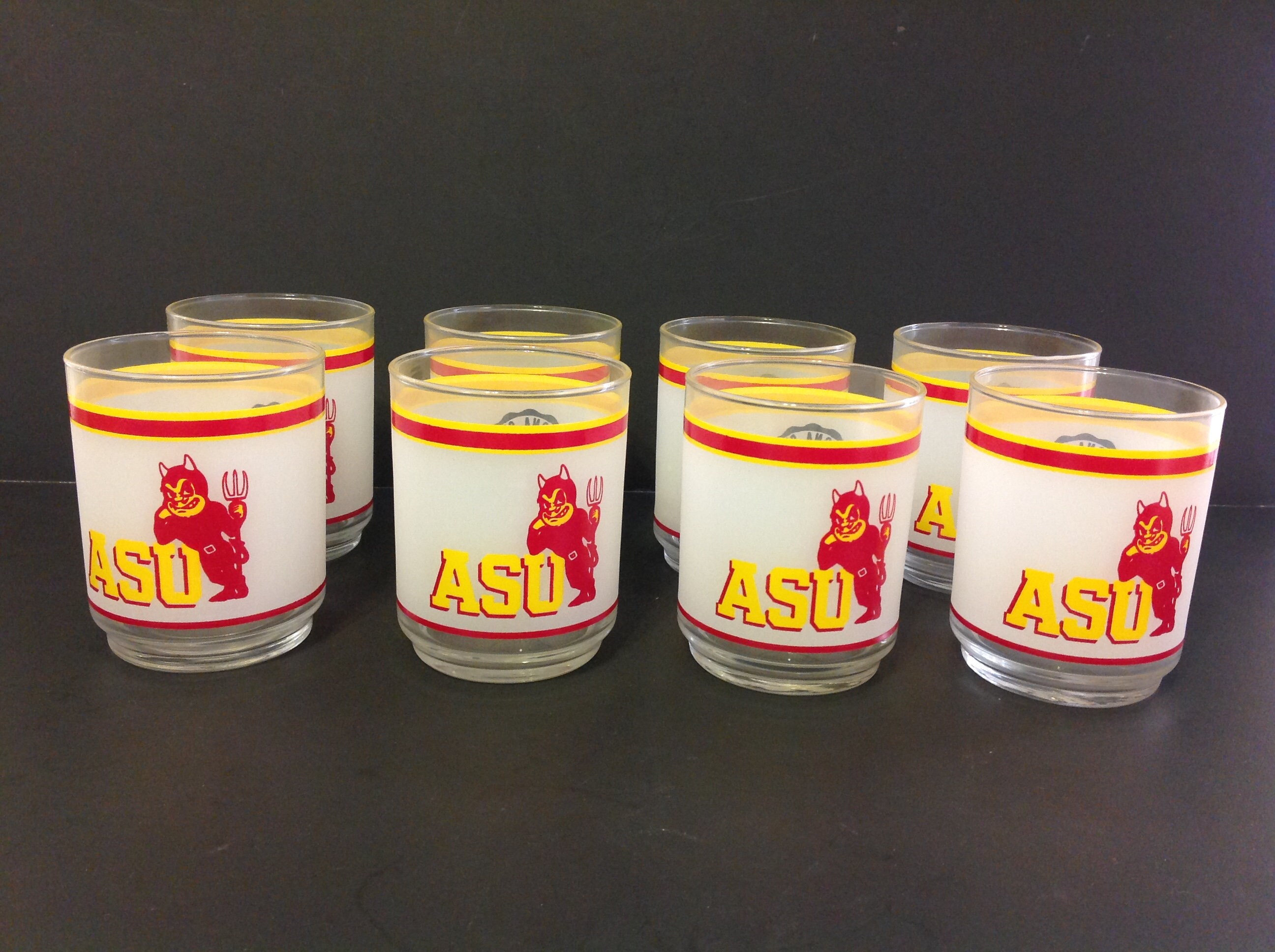 Arizona State Sun Devils ASU NOS Vintage 80s Frosted 4\u201d Rocks Glass Tumbler Mobil Gas Promotion Set Of 6