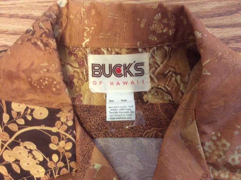 Vintage 70s Buck\u2019s Of HawIi Mens Large Hawaiian Camp Shirt Brown Abstract Whimsical Polyester