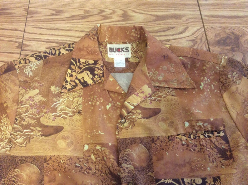 Vintage 70s Buck\u2019s Of HawIi Mens Large Hawaiian Camp Shirt Brown Abstract Whimsical Polyester