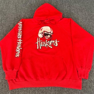 Nebraska Cornhuskers Mens VTG 80s Hoodie Red Sleeve Spellout Pullover Sweatshirt