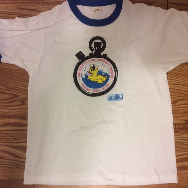 Vintage 70s 80s Graphic Ringer T Shirt St. Louis Children’s Hospital Rubber Duck Screen Stars Size Large 50/50 Blend