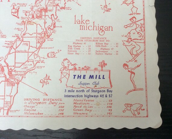 Vintage The Mill Supper Club Door County Wisconsin Mid Century Map Souvenir Restaurant Paper Place Mat