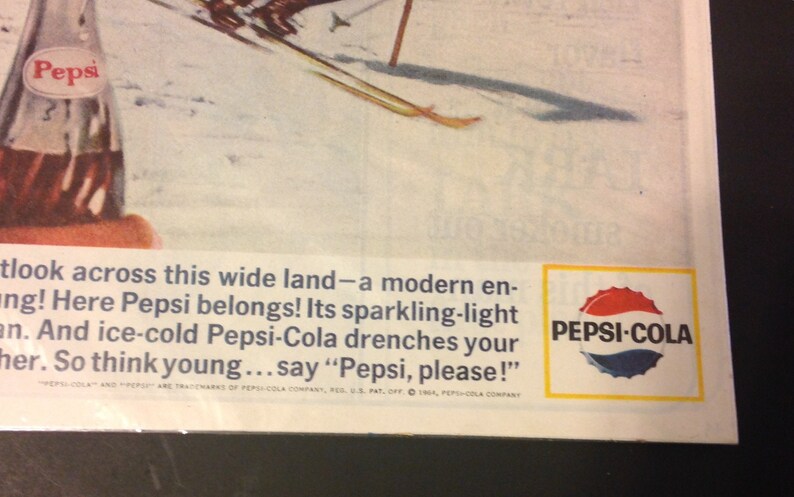 Pepsi Cola Vintage 1964 Magazine Print Advertisement 2 Page Skiing Couple 20\u201d