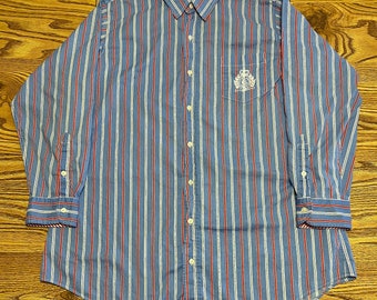Lauren Ralph Lauren Mens Shirt Blue Red White Pinstripe Crown Crest Logo S/M