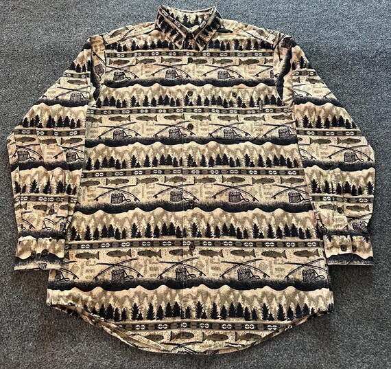 Vtg Woolrich Fly Fishing Flannel Shirt Mens L AOP Fish Rods 90s Chamois