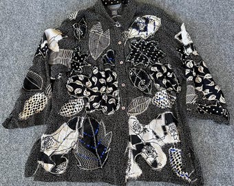 Van Heusen Womens Large VTG Blouse Black Beige Sheer Gray Button Up Whimsigoth