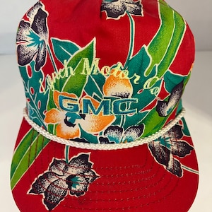 GMC Lynch Motor Co. VTG SnapBack Hat Red Tropical Floral Braid San Sun