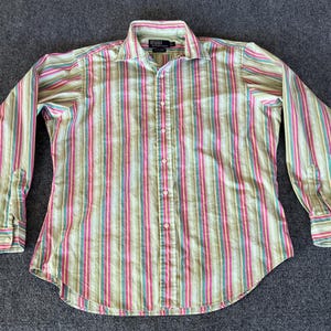Polo Ralph Lauren Mens L Shirt Phillip Sport Pink Green Stripe Button Up Preppy