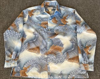 Tori Richard VTG 70s Hawaiian Disco Shirt Blue Brown Abstract Flare Collar Large