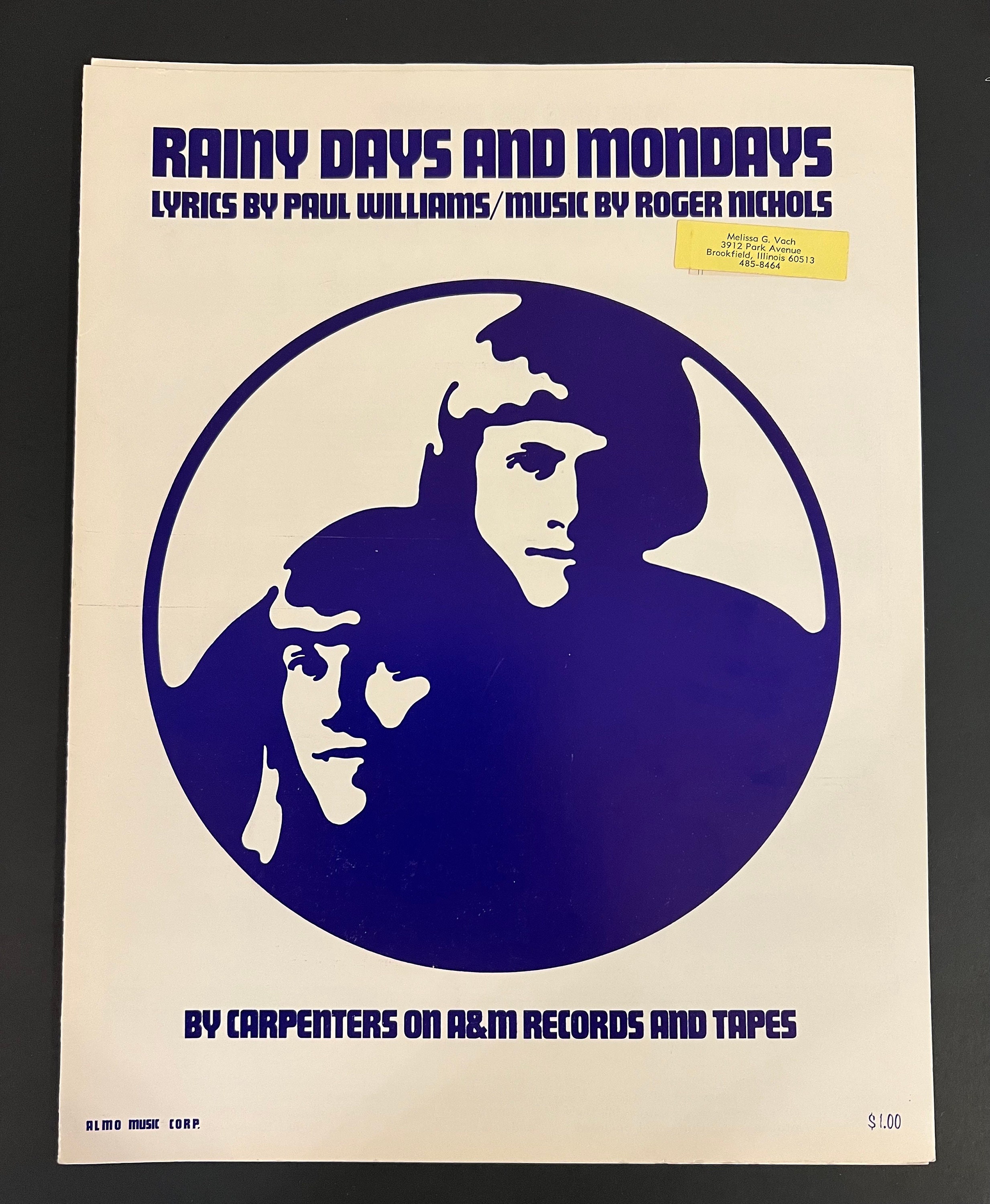 Rainy Days and Mondays Carpenters 1970 Sheet Music 