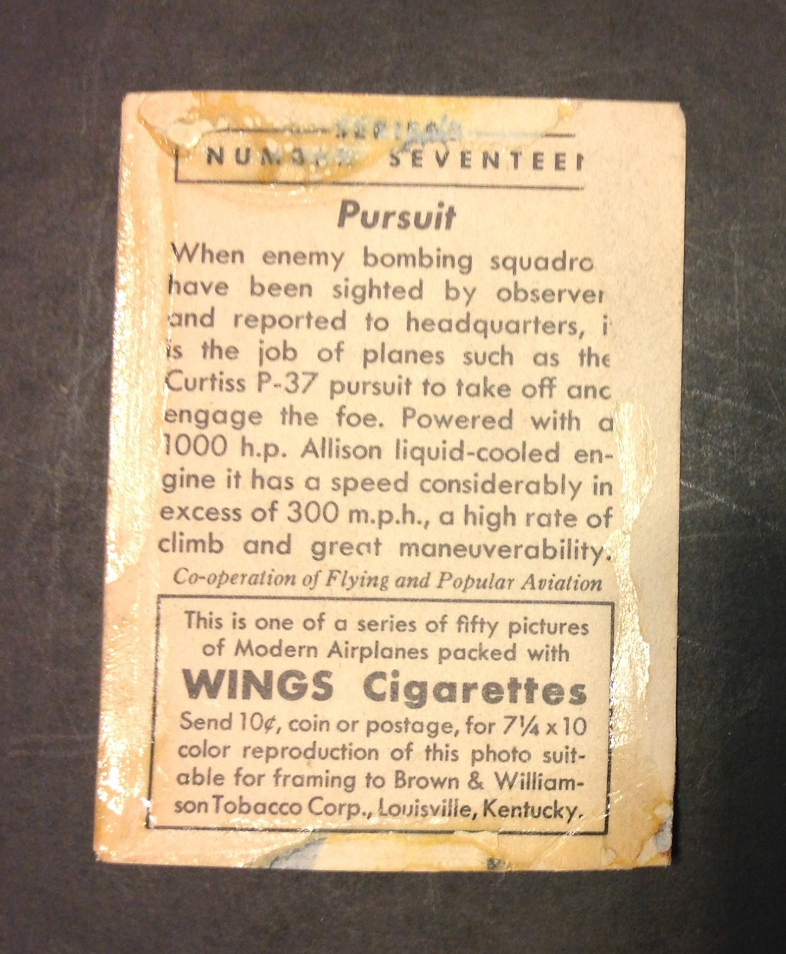 Vintage Wings Cigarettes Tobacco Trading Card Lot 17 Pursuit Etsy