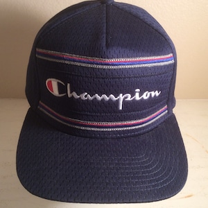 Champion Vintage Script Spellout Logo Baseball Hat Blue Stretch Mesh Size L/XL
