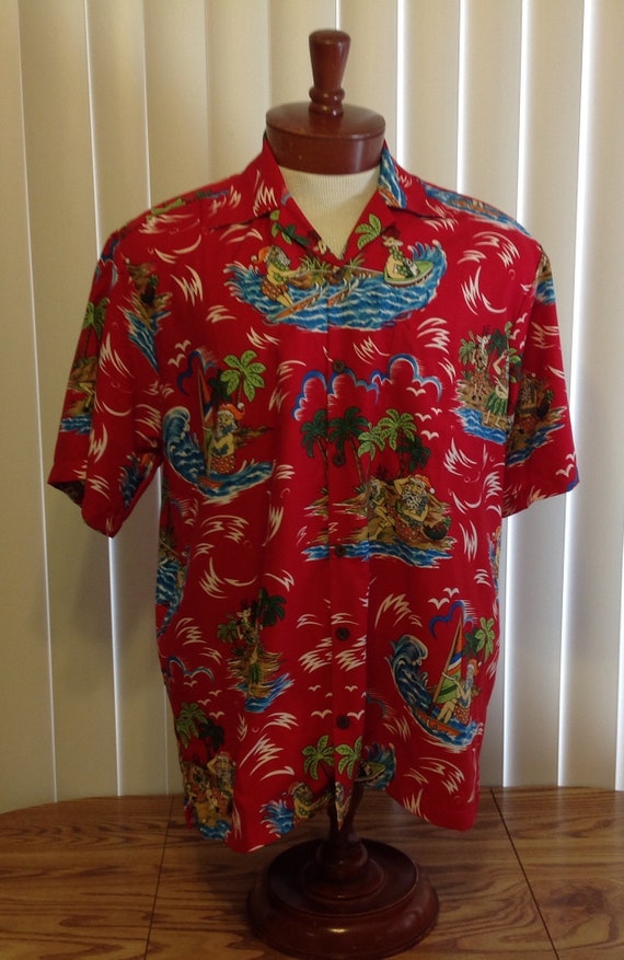 Alvish Hawaiian Shirt Red Santa Claus Print Polyes