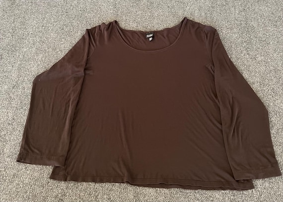 Eileen Fisher, Eileen Fisher Petite Large Brown Jersey Stretch Long Sleeve Round Neck Top