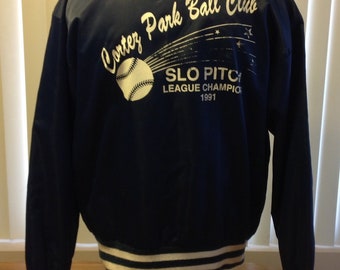 Vintage 1990s Blue Satin Bomber Baseball Jacket Carter Park Ball Club Large