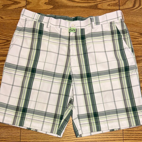 PGA Tour Golf Shorts Mens Plaid White Green Polyester Size 38