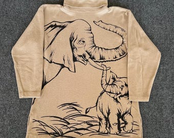 Barbara Gerwit VTG Turtleneck Sweater Brown Elephant Allover Print Lightweight
