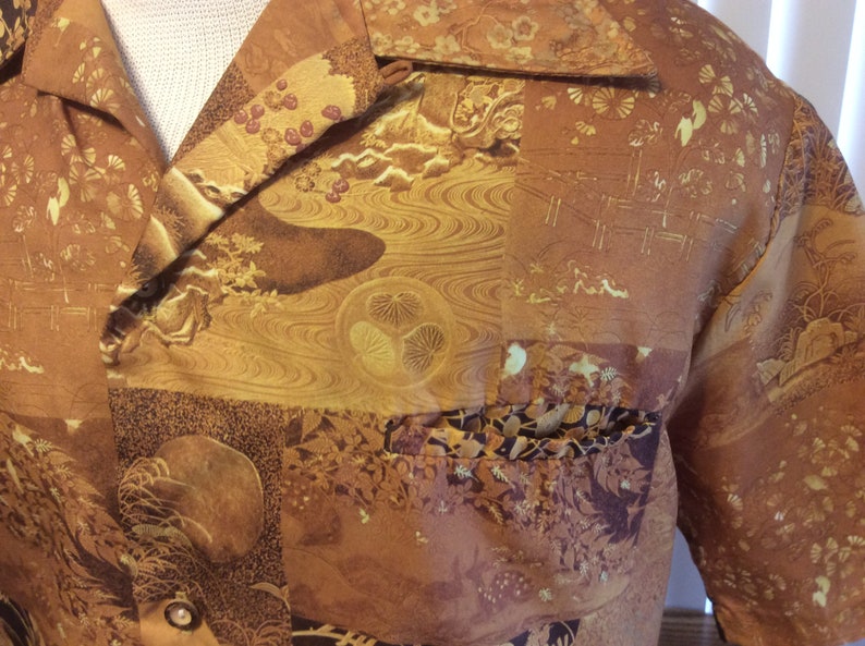 Vintage 70s Buck\u2019s Of HawIi Mens Large Hawaiian Camp Shirt Brown Abstract Whimsical Polyester