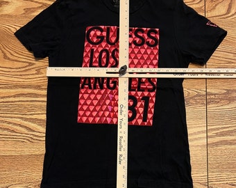 Guess Womens T-shirt Black Red Metallic “guess Los Angeles