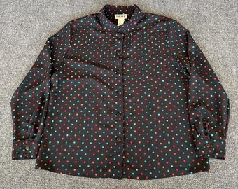 Graff Petite Womens PM VTG Blouse Button Up Blue Polka Dot Sheer Long Sleeve