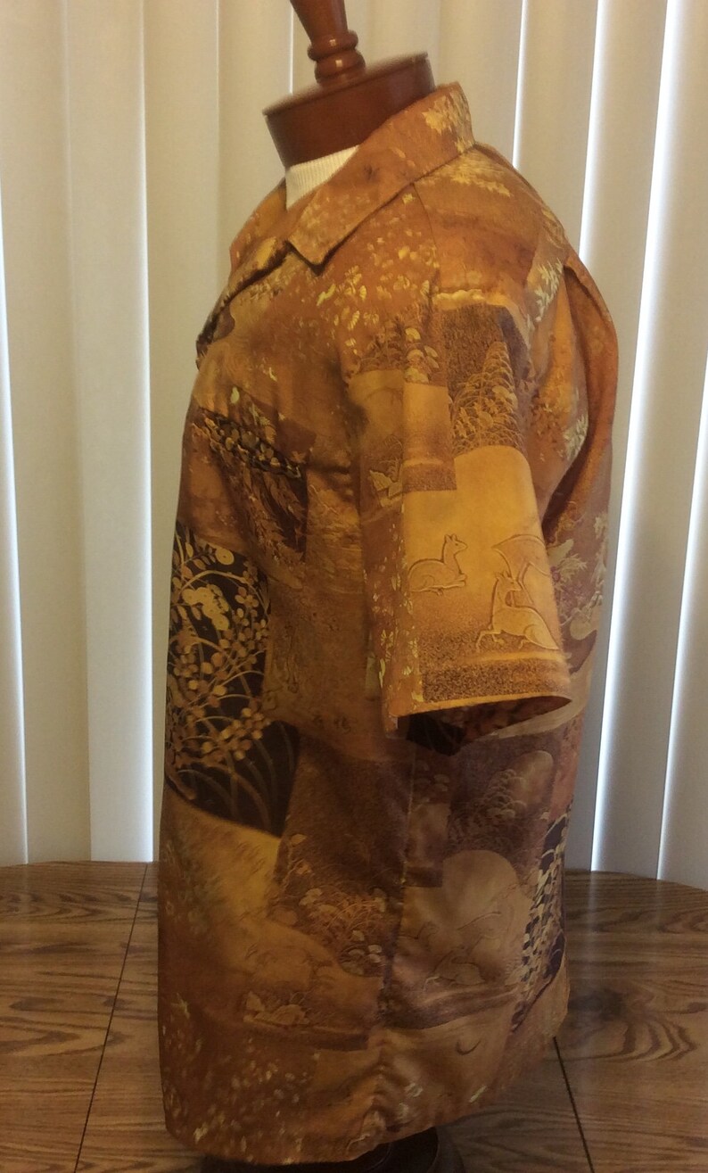 Vintage 70s Buck\u2019s Of HawIi Mens Large Hawaiian Camp Shirt Brown Abstract Whimsical Polyester