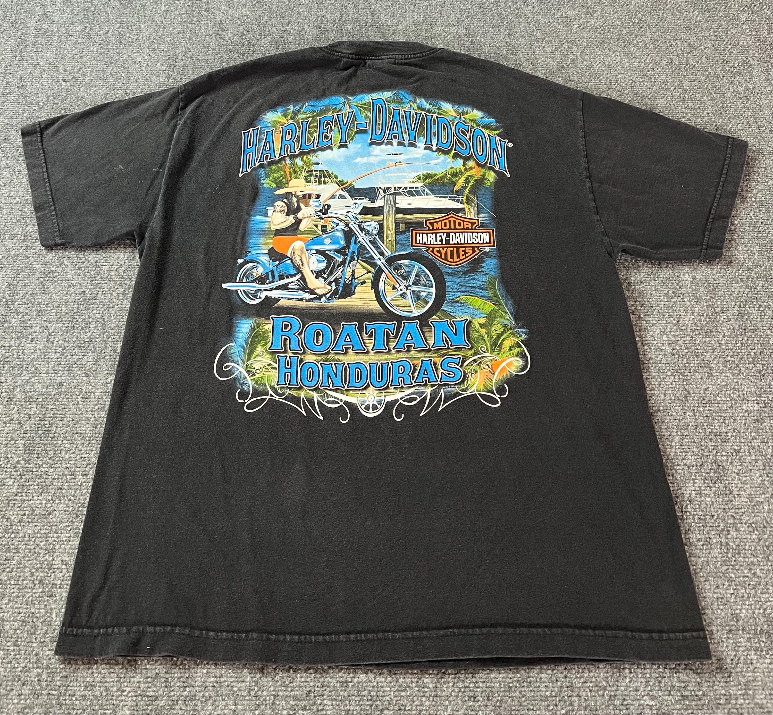 Harley Davidson T Shirt Roatan Honduras Black Fishing Boat Chopper