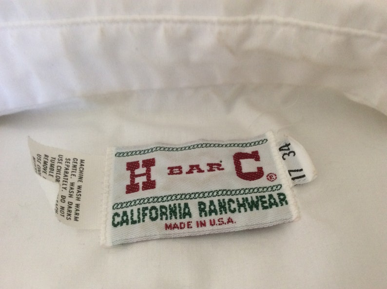 H Bar C Vintage Mens 17-34 White wBlack Contrast Stitch Pearl Snap Western Shirt