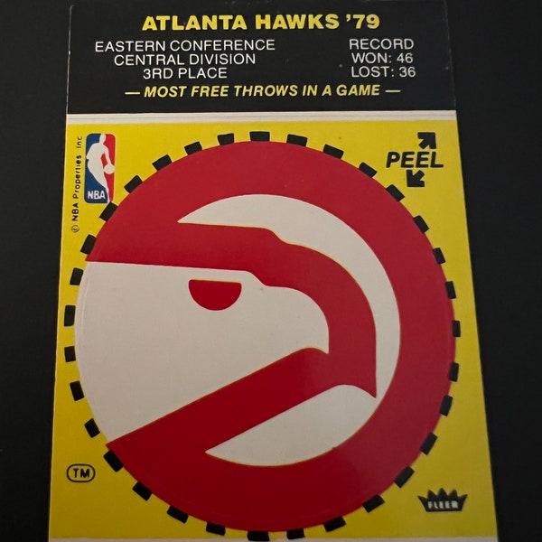 Vintage 1979 Fleer Basketball Sticker Atlanta Hawks Yellow Version