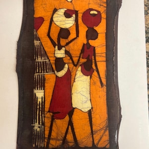 May include: A rectangular batik fabric wall hanging featuring two stylized figures carrying round vessels on their heads. The artwork uses a vibrant orange background with dark brown borders, showcasing a crackled wax-resist texture throughout the design.