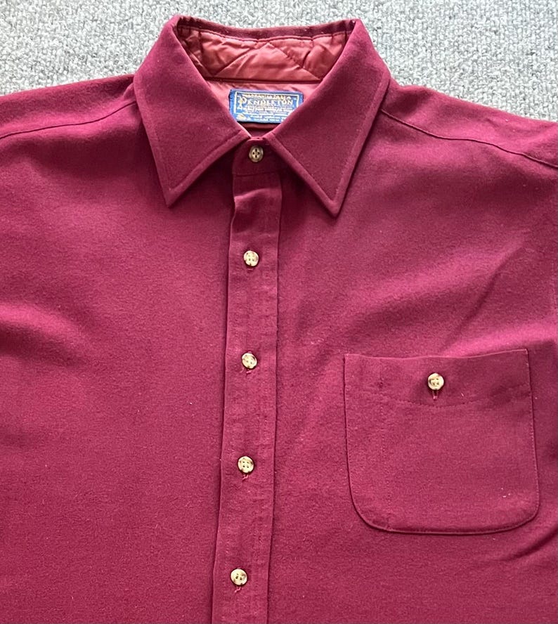 Vtg Pendleton Wool Trail Shirt L Maroon Burgundy Suede Elbow Patch Made In USA image 13