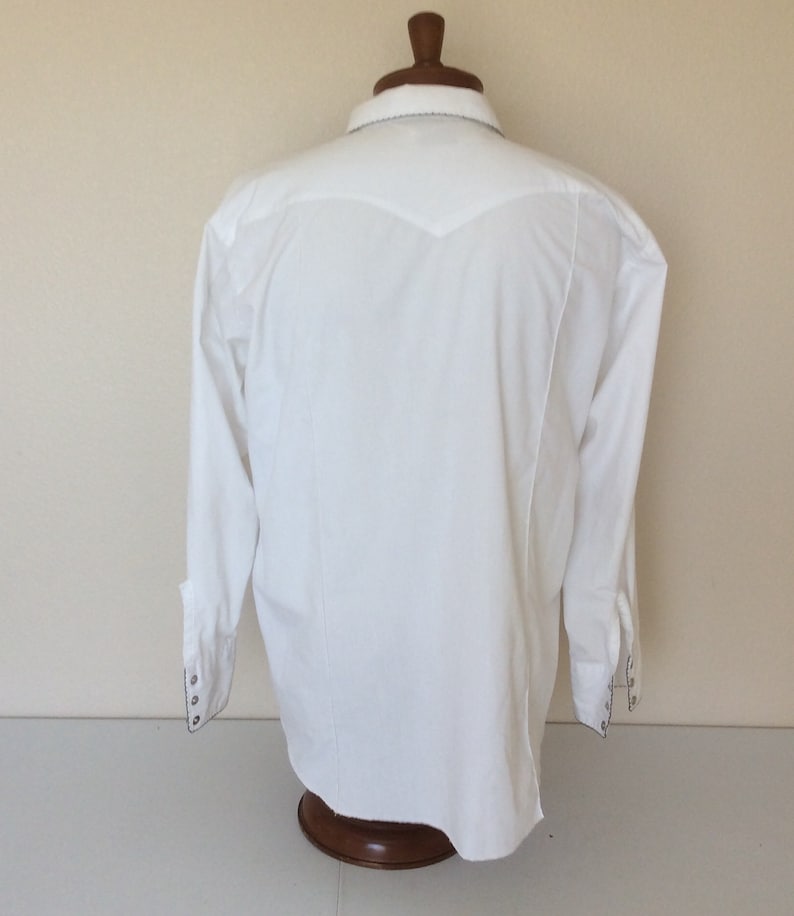 H Bar C Vintage Mens 17-34 White wBlack Contrast Stitch Pearl Snap Western Shirt