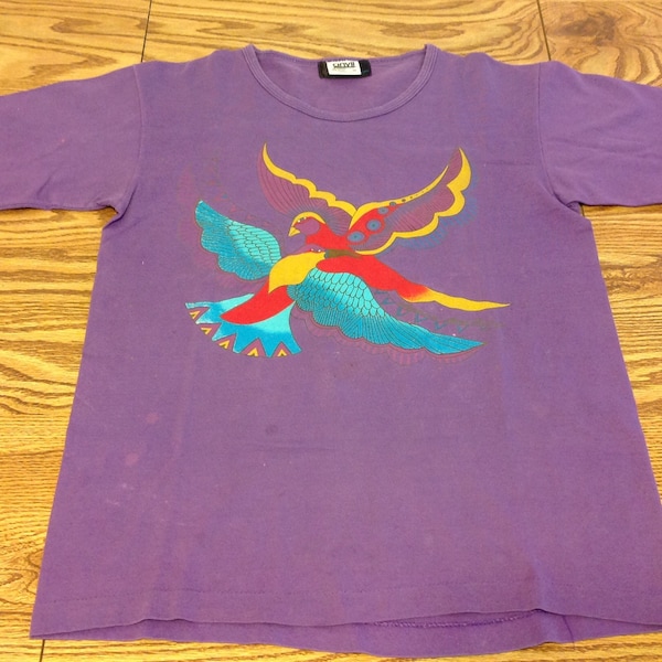 Laurel Birch Vintage Womens Graphic T Shirt Purple Birds Flying Scoop Neck Single Stitch Medium