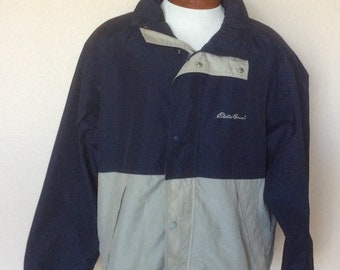 Eddie Bauer Vintage 90s WindBreaker Blue Gray Color Block Nylon Hidden Hood Mens Size Large